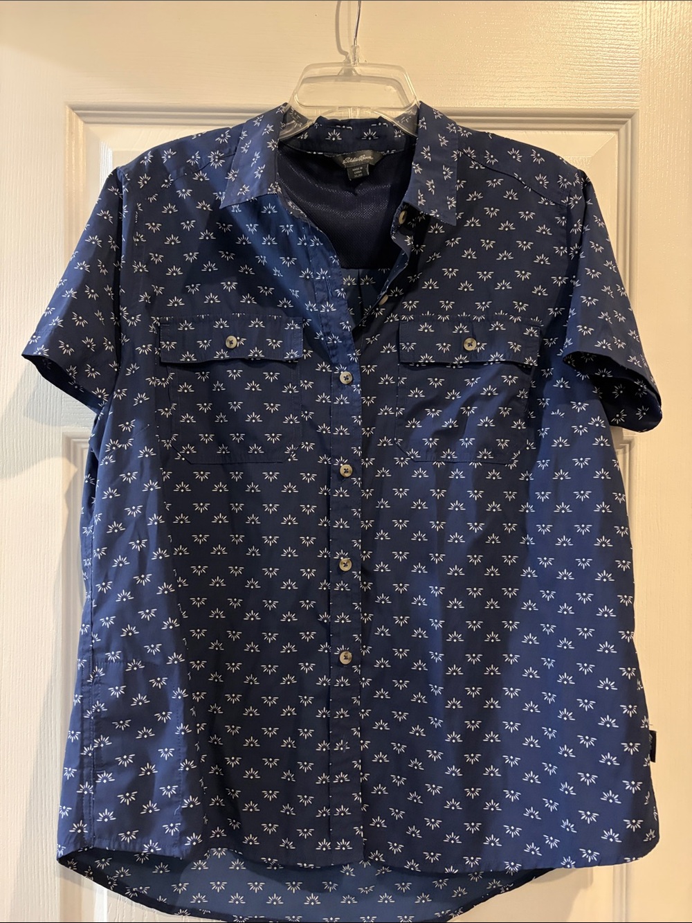 Men's Short Sleeve Navy Patterned Button-Up Shirt